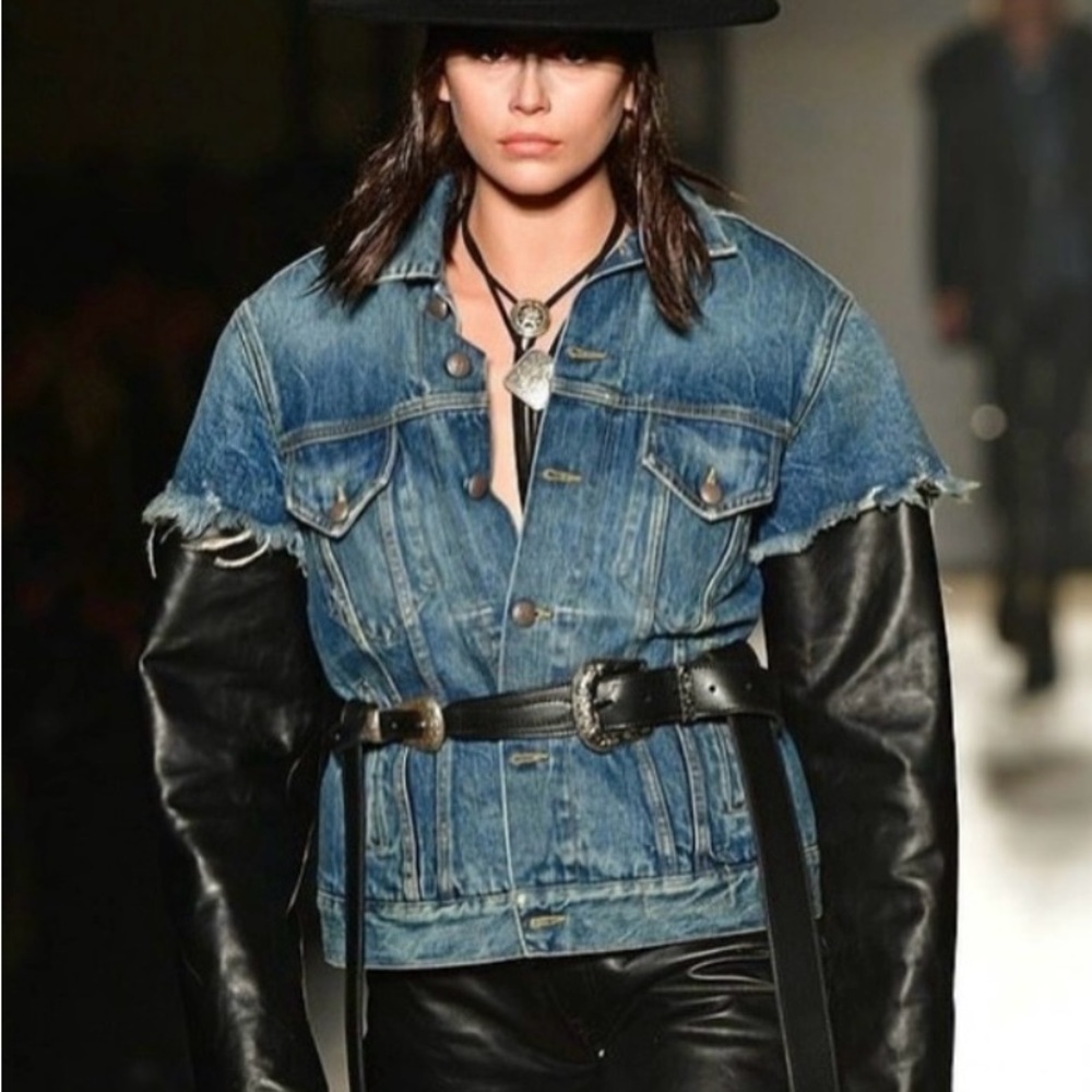 R13 Blue and Black Jean Jacket with Leather Sleeves